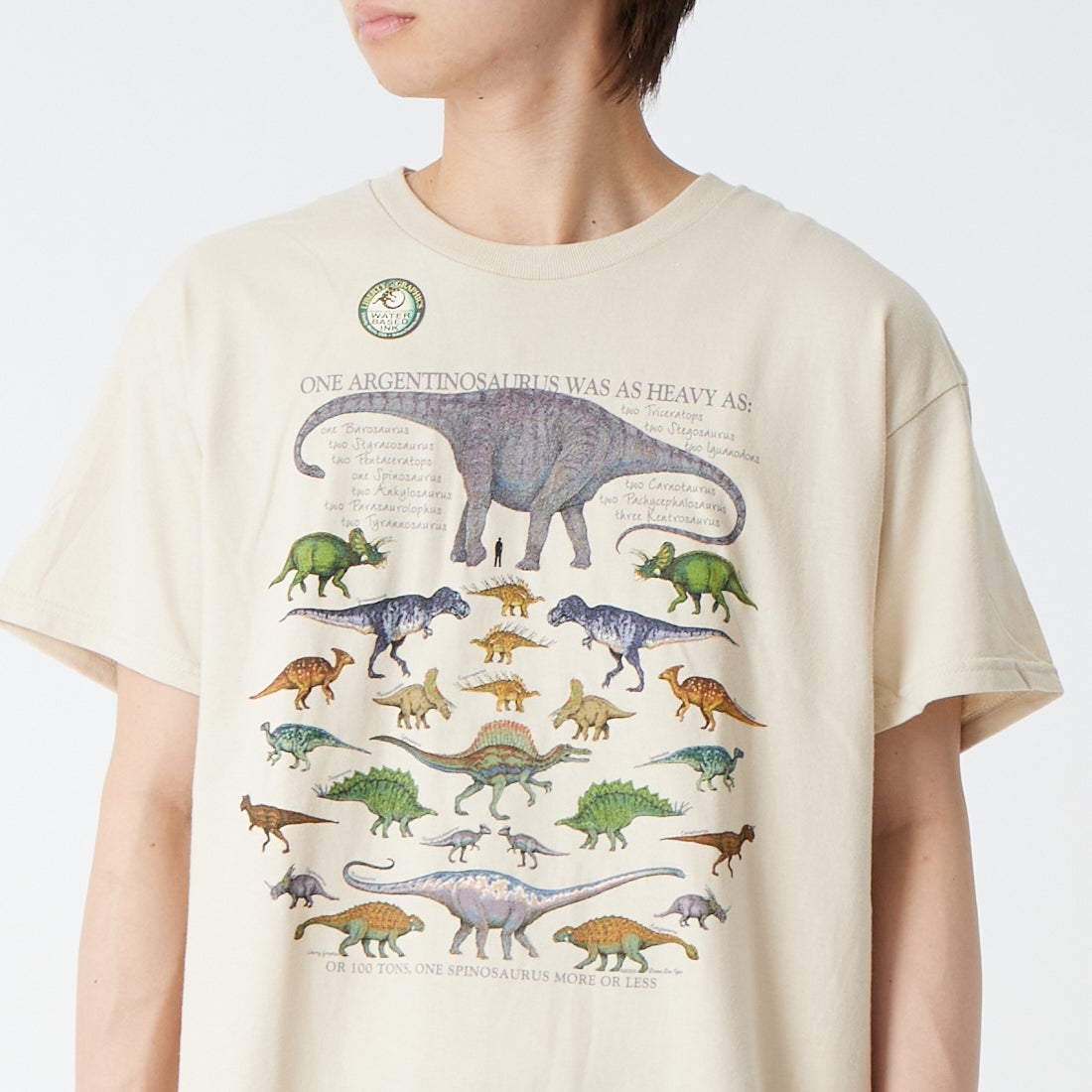 LIBERTY GRAPHICS [リバティーグラフィックス] ワンダイナソープリントTシャツ [ONE-DINOSAUR-IS] STONE &&モデル身長：177cm 着用サイズ：L&&