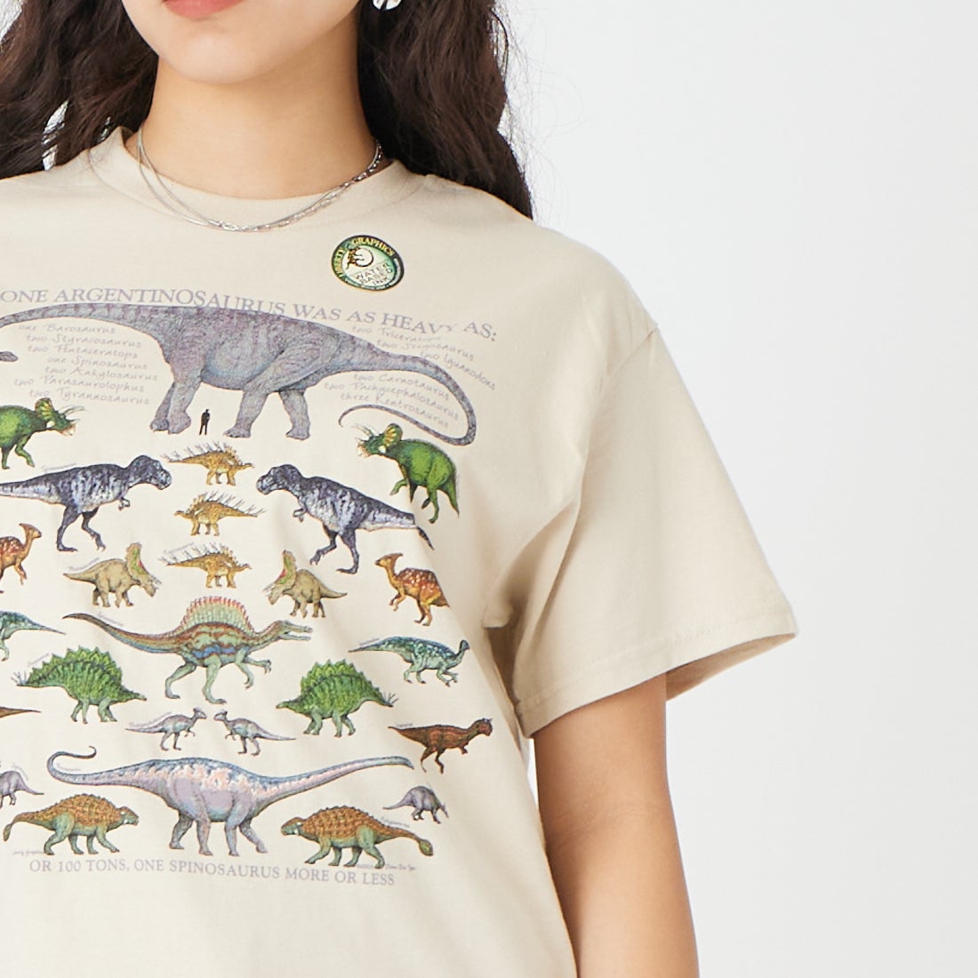 LIBERTY GRAPHICS [リバティーグラフィックス] ワンダイナソープリントTシャツ [ONE-DINOSAUR-IS] STONE &&モデル身長：162cm 着用サイズ：M&&
