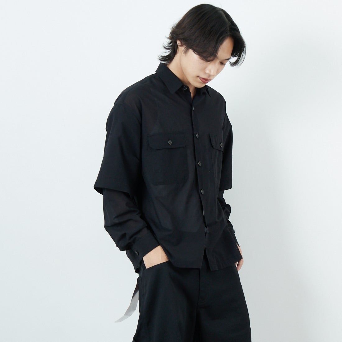 SEDAN ALL-PURPOSE [セダン オールパーパス] コンバーチブルワークシャツ [SD25S-SH02] BLACK &&モデル身長：179cm 着用サイズ：M&&