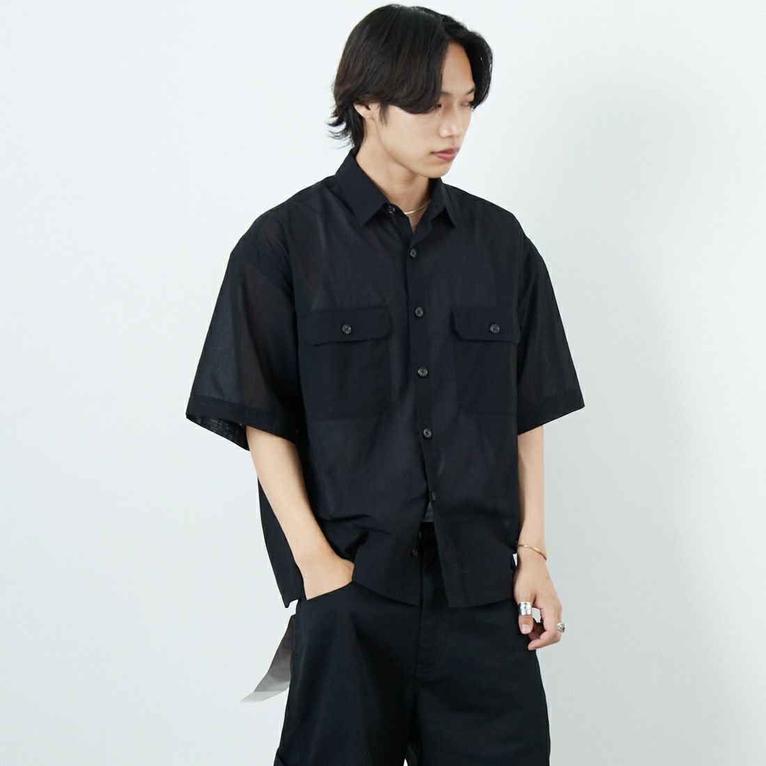 SEDAN ALL-PURPOSE [セダン オールパーパス] コンバーチブルワークシャツ [SD25S-SH02] BLACK &&モデル身長：179cm 着用サイズ：M&&