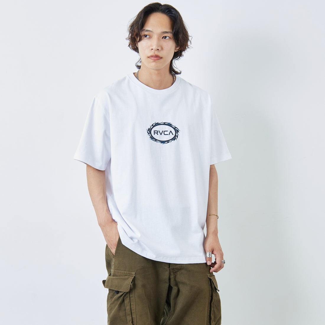 RVCA [ルーカ] TRIBAL SPIN ショートスリーブプリントTシャツ [BF04A206] WHT &&モデル身長：179cm 着用サイズ：XL&&