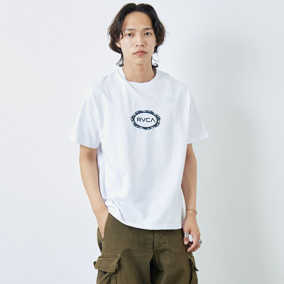 RVCA [ルーカ] TRIBAL SPIN ショートスリーブプリントTシャツ [BF04A206] WHT &&モデル身長：179cm 着用サイズ：M&&