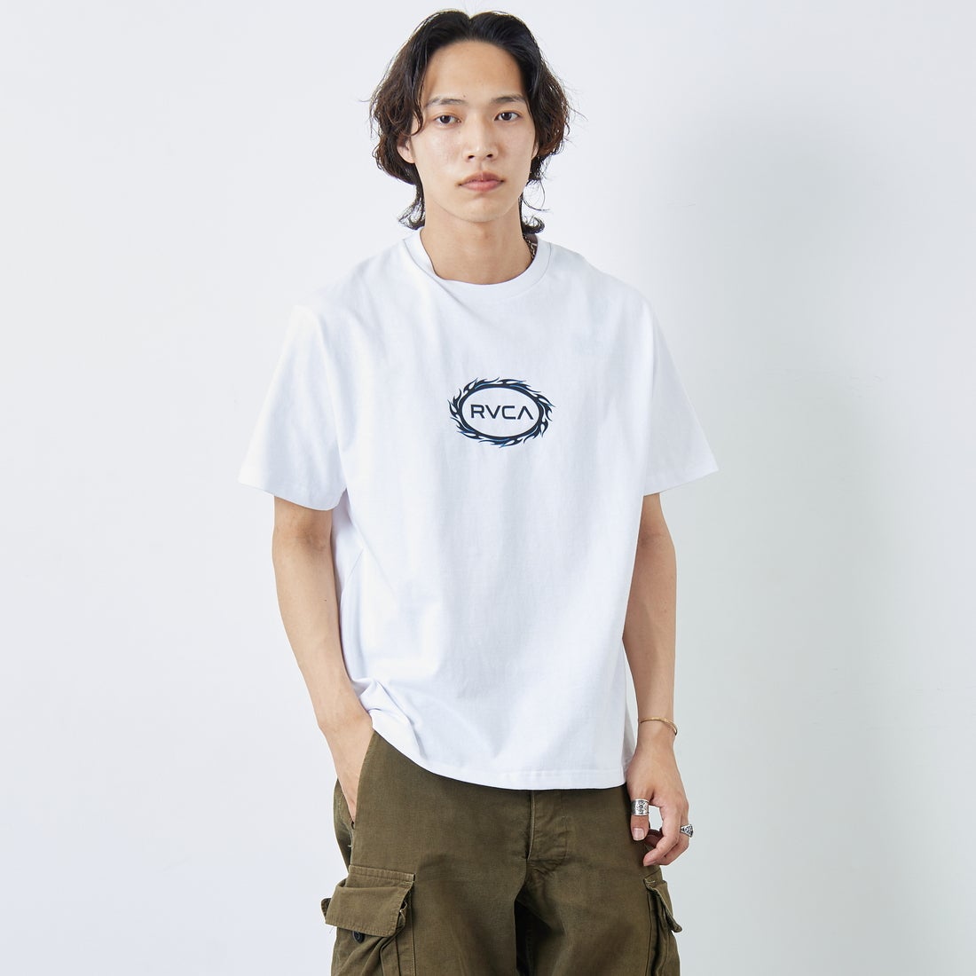 RVCA [ルーカ] TRIBAL SPIN ショートスリーブプリントTシャツ [BF04A206] WHT &&モデル身長：179cm 着用サイズ：M&&