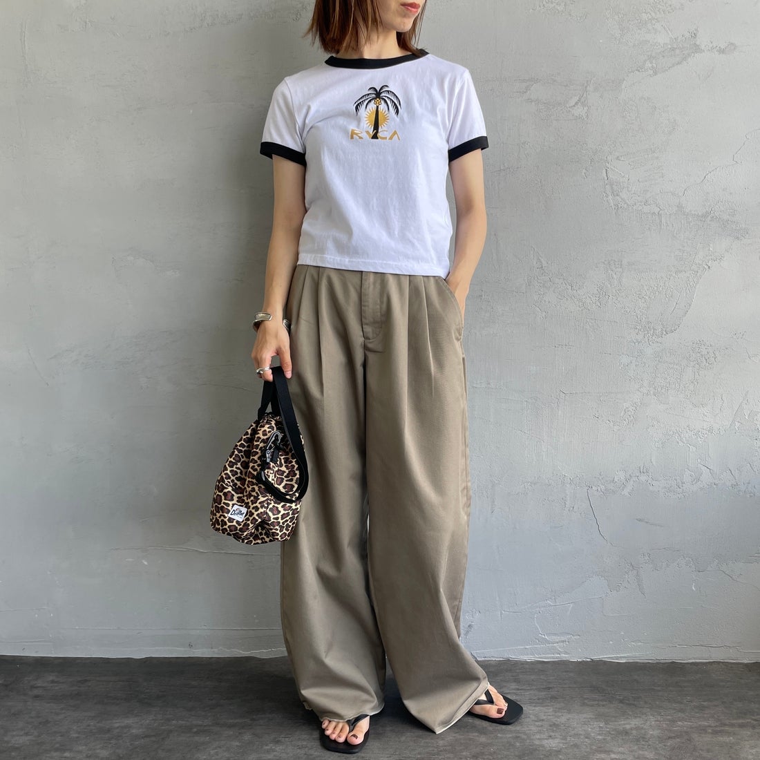 RVCA [ルーカ] パームツリーベビーリンガーTシャツ [BF04C205] WHT &&モデル身長：158cm 着用サイズ：M&&