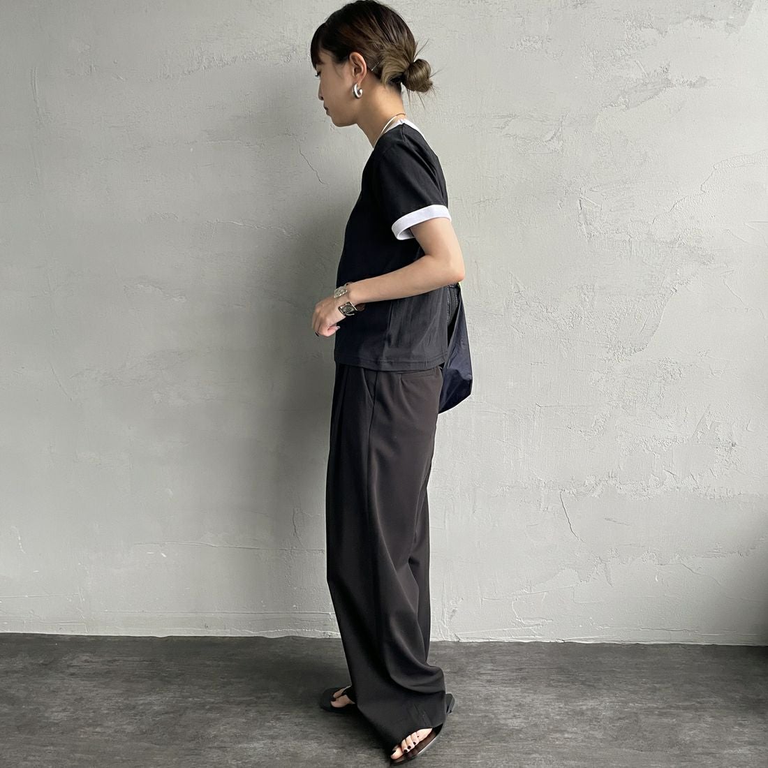 RVCA [ルーカ] パームツリーベビーリンガーTシャツ [BF04C205] BLK &&モデル身長：150cm 着用サイズ：M&&