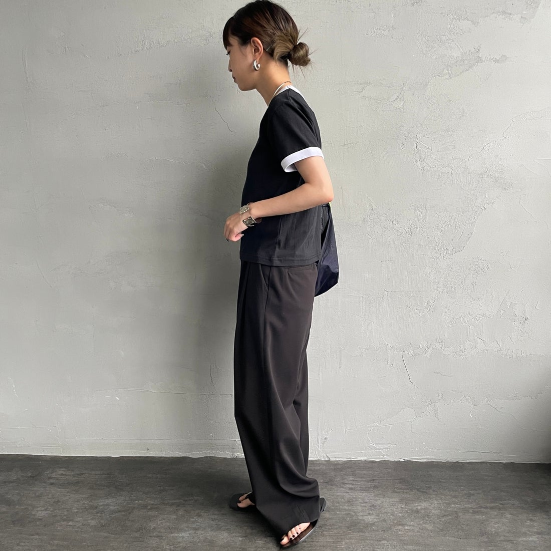 RVCA [ルーカ] パームツリーベビーリンガーTシャツ [BF04C205] BLK &&モデル身長：150cm 着用サイズ：M&&