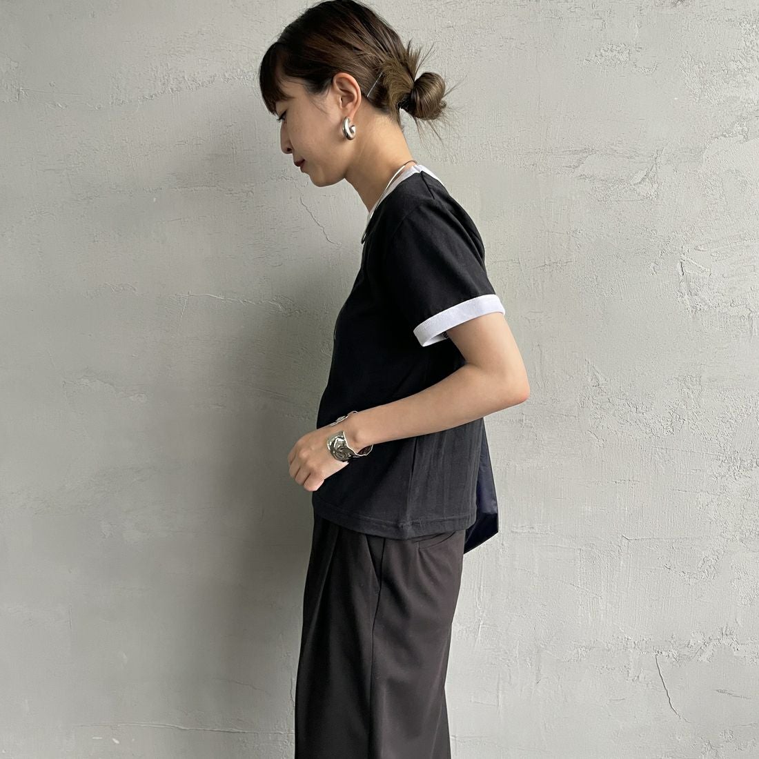 RVCA [ルーカ] パームツリーベビーリンガーTシャツ [BF04C205] BLK &&モデル身長：150cm 着用サイズ：M&&