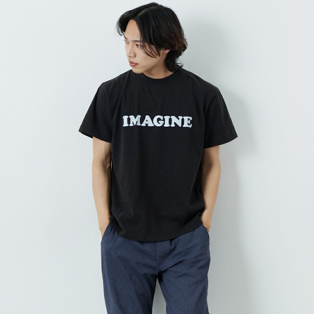 WORN FREE [ウォーン フリー] ヨーコ・オノ Tシャツ IMAGINE [WFR-VTG-000010] 09 BLACK &&モデル身長：179cm 着用サイズ：M&&
