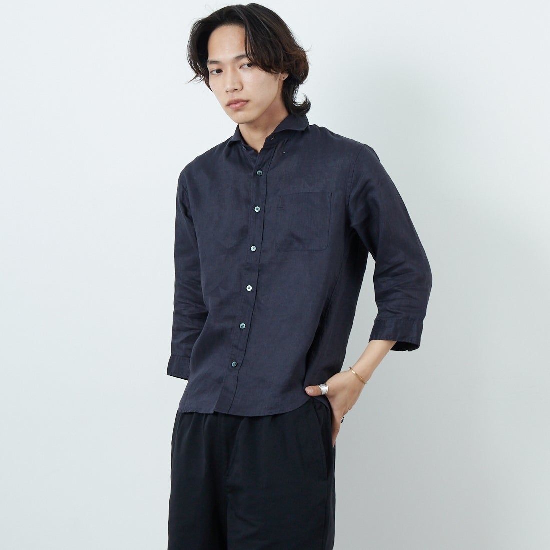 新品タグ付き yori コットンリネンシャツ 38 ネイビー SHIPS any: コットン/リネン ストライプ 7分袖 レギュラー シャツ