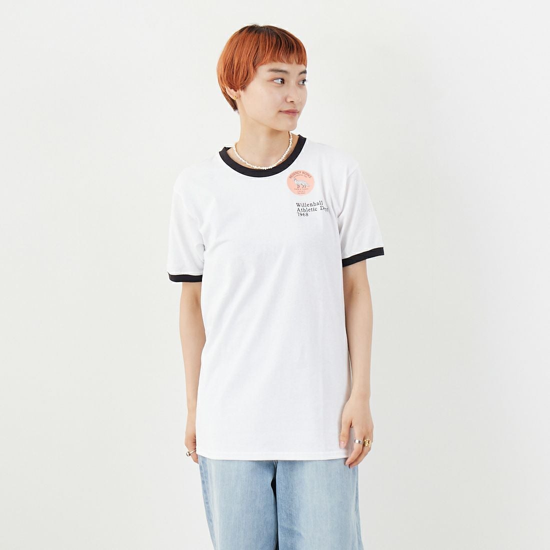 REGENCY WORKS [リージェンシーワークス] ロゴ刺繍リンガーTシャツ [SS34EM-03] WHT/BK/BK &&モデル身長：160cm 着用サイズ：M&&