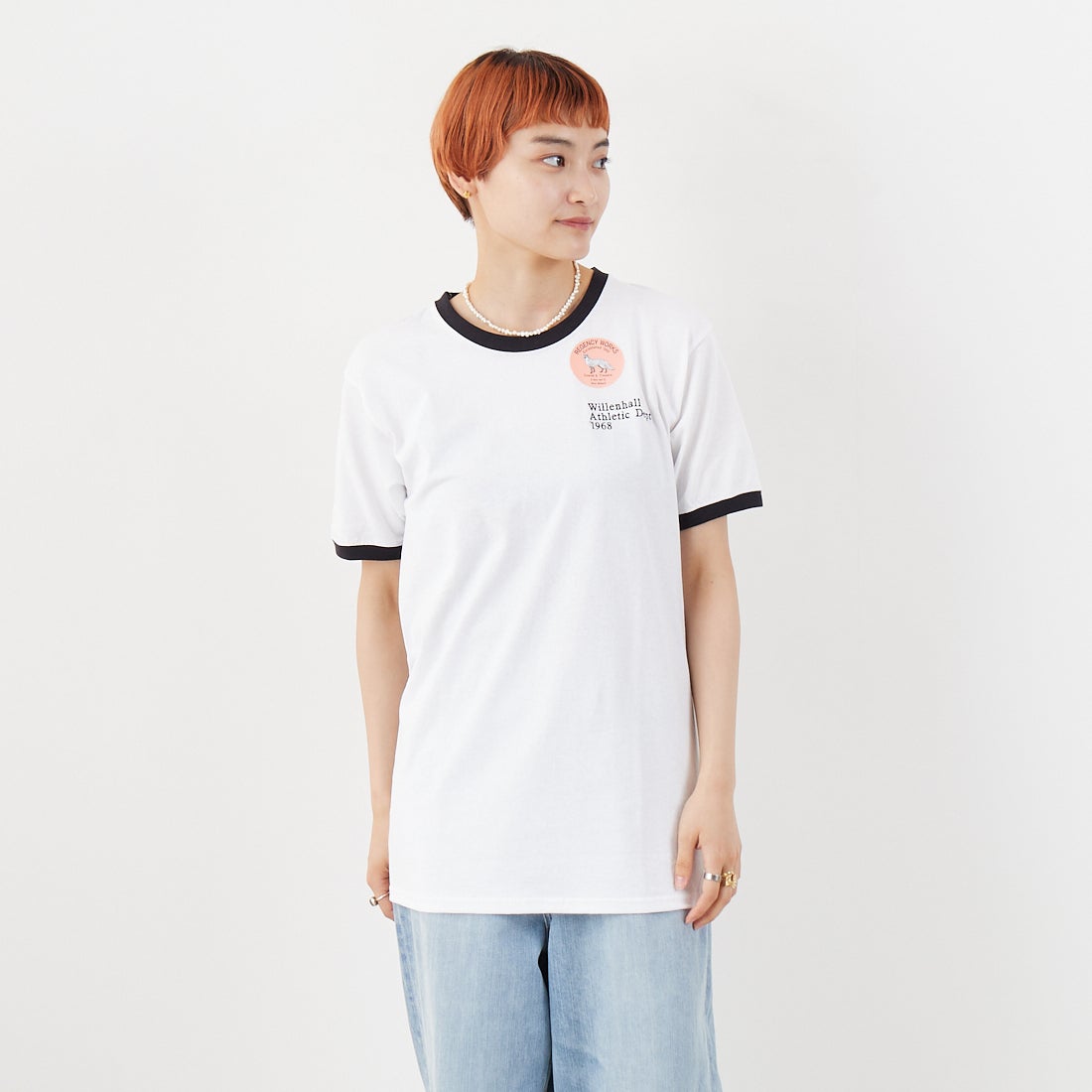 REGENCY WORKS [リージェンシーワークス] ロゴ刺繍リンガーTシャツ [SS34EM-03] WHT/BK/BK &&モデル身長：160cm 着用サイズ：M&&