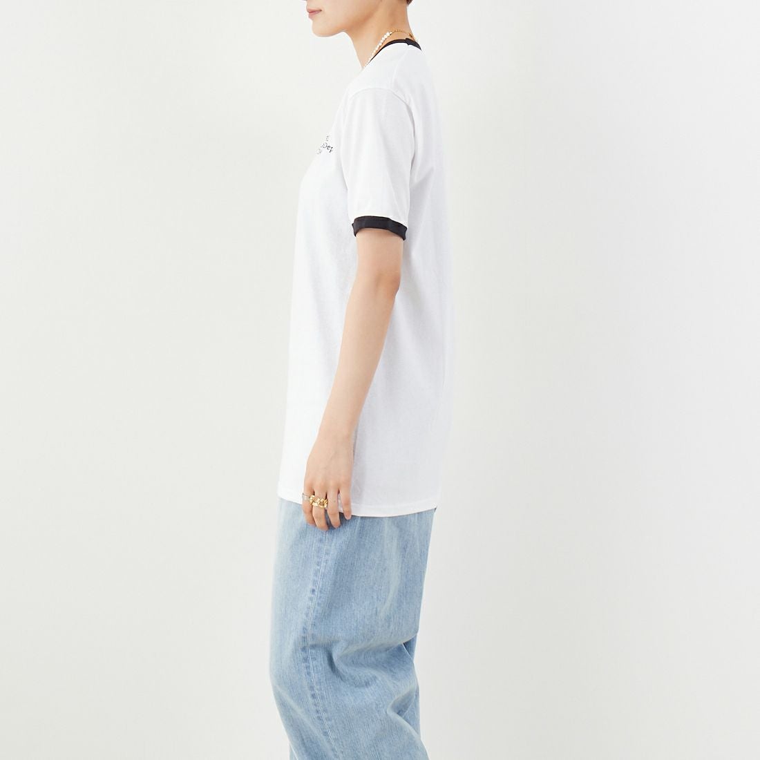 REGENCY WORKS [リージェンシーワークス] ロゴ刺繍リンガーTシャツ [SS34EM-03] WHT/BK/BK &&モデル身長：160cm 着用サイズ：M&&