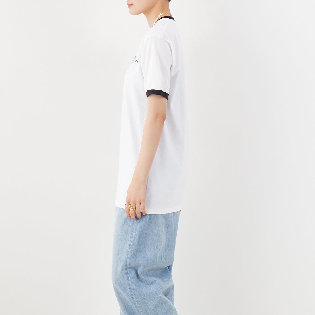REGENCY WORKS [リージェンシーワークス] ロゴ刺繍リンガーTシャツ [SS34EM-03] WHT/BK/BK &&モデル身長：160cm 着用サイズ：M&&