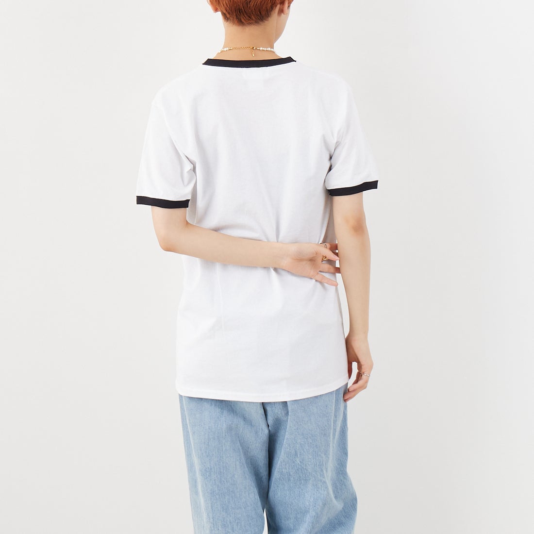 REGENCY WORKS [リージェンシーワークス] ロゴ刺繍リンガーTシャツ [SS34EM-03] WHT/BK/BK &&モデル身長：160cm 着用サイズ：M&&