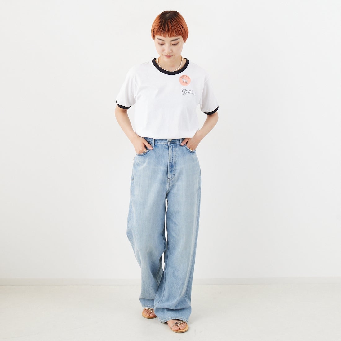 REGENCY WORKS [リージェンシーワークス] ロゴ刺繍リンガーTシャツ [SS34EM-03] WHT/BK/BK &&モデル身長：160cm 着用サイズ：M&&