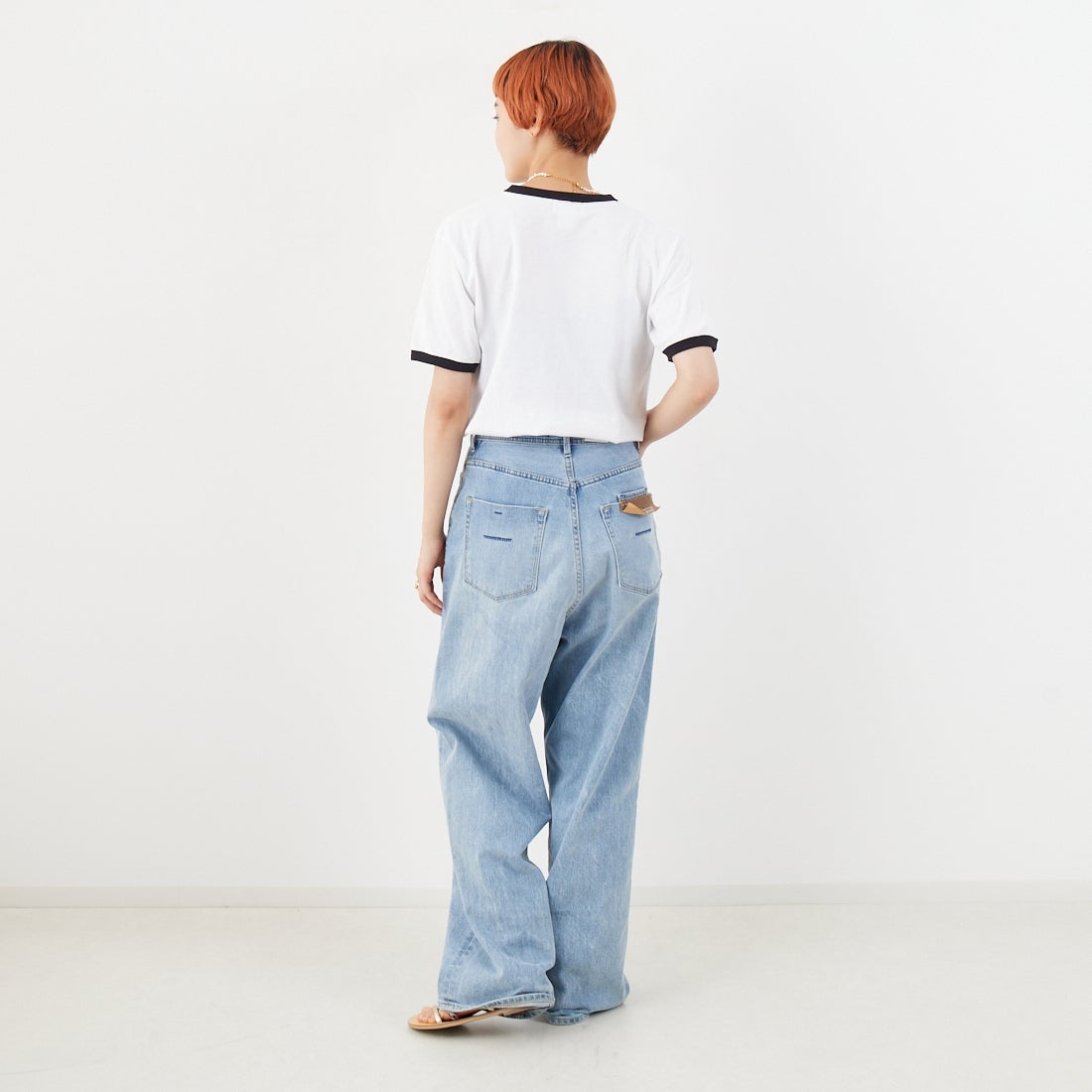 REGENCY WORKS [リージェンシーワークス] ロゴ刺繍リンガーTシャツ [SS34EM-03] WHT/BK/BK &&モデル身長：160cm 着用サイズ：M&&