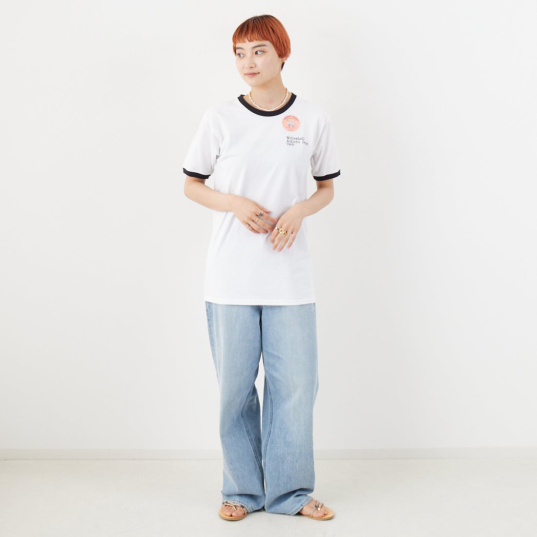 REGENCY WORKS [リージェンシーワークス] ロゴ刺繍リンガーTシャツ [SS34EM-03] WHT/BK/BK &&モデル身長：160cm 着用サイズ：M&&