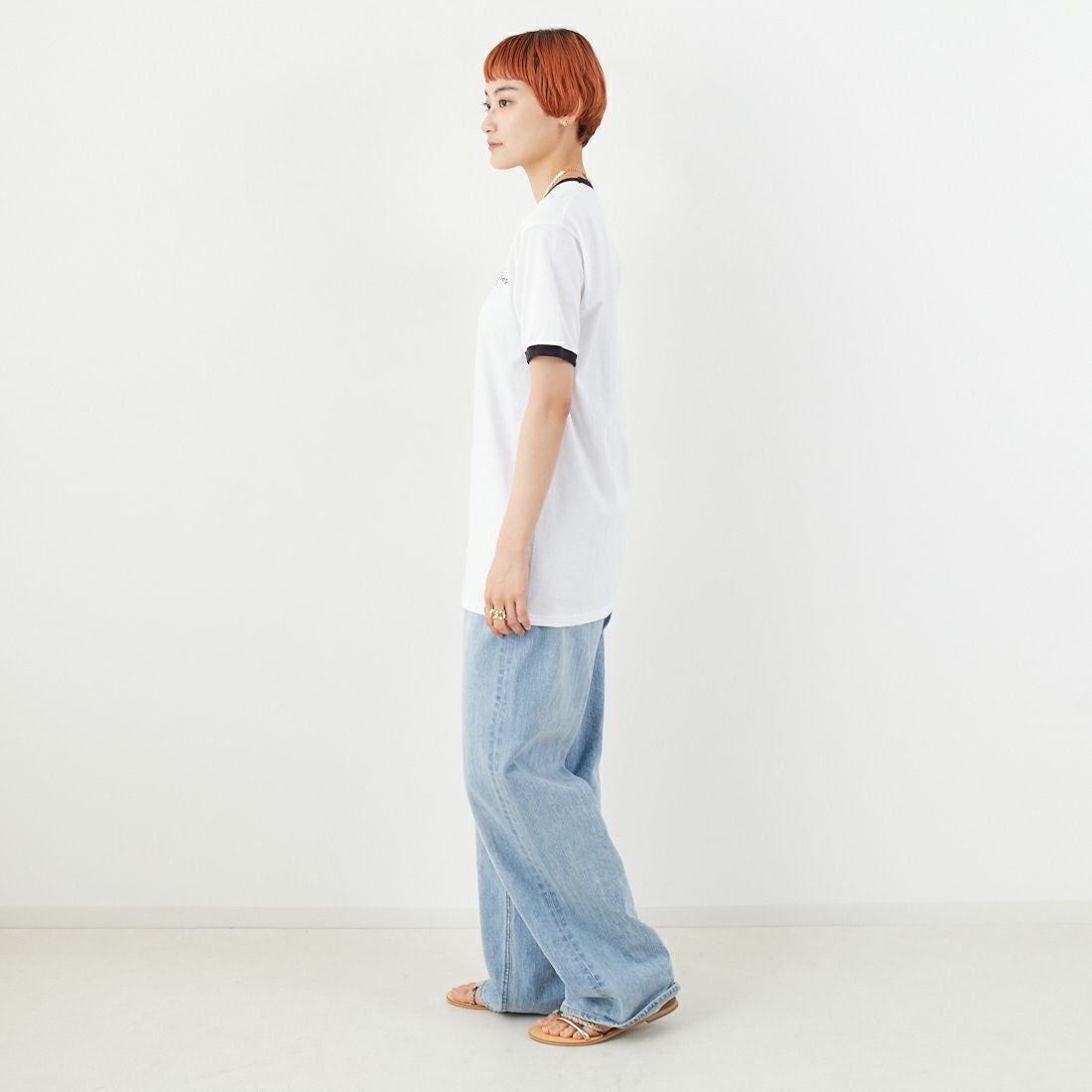 REGENCY WORKS [リージェンシーワークス] ロゴ刺繍リンガーTシャツ [SS34EM-03] WHT/BK/BK &&モデル身長：160cm 着用サイズ：M&&