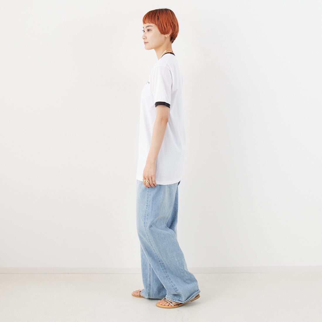 REGENCY WORKS [リージェンシーワークス] ロゴ刺繍リンガーTシャツ [SS34EM-03] WHT/BK/BK &&モデル身長：160cm 着用サイズ：M&&