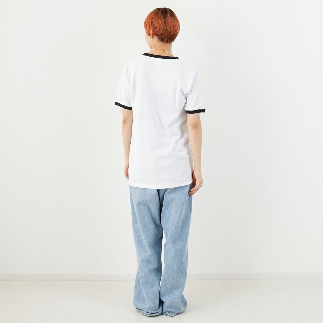 REGENCY WORKS [リージェンシーワークス] ロゴ刺繍リンガーTシャツ [SS34EM-03] WHT/BK/BK &&モデル身長：160cm 着用サイズ：M&&