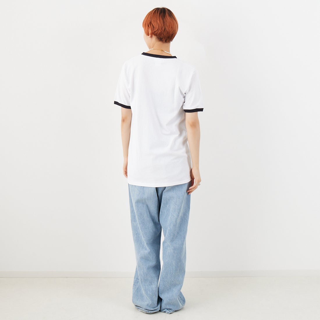 REGENCY WORKS [リージェンシーワークス] ロゴ刺繍リンガーTシャツ [SS34EM-03] WHT/BK/BK &&モデル身長：160cm 着用サイズ：M&&