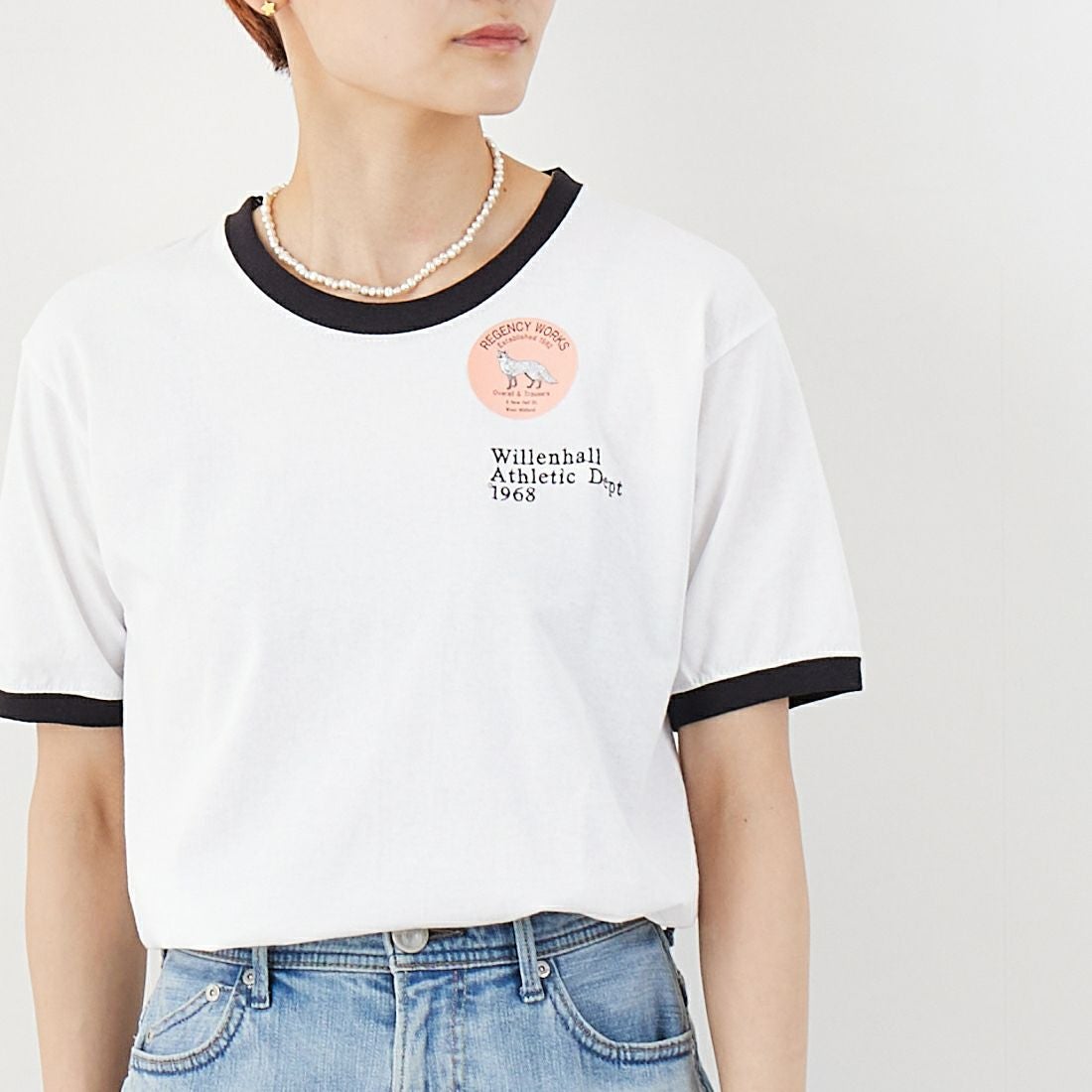 REGENCY WORKS [リージェンシーワークス] ロゴ刺繍リンガーTシャツ [SS34EM-03] WHT/BK/BK &&モデル身長：160cm 着用サイズ：M&&