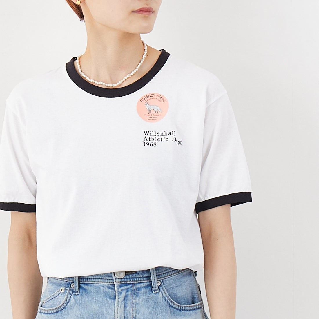 REGENCY WORKS [リージェンシーワークス] ロゴ刺繍リンガーTシャツ [SS34EM-03] WHT/BK/BK &&モデル身長：160cm 着用サイズ：M&&