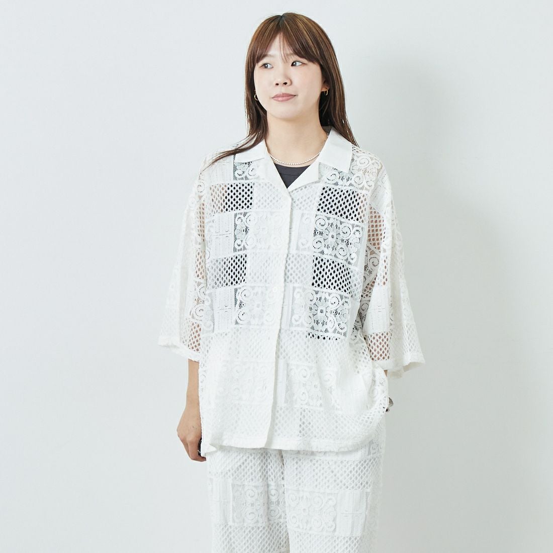 Jeans Factory Clothes [ジーンズファクトリークローズ] カットレース7分袖シャツ [L4114] 100 WHITE &&モデル身長：167cm 着用サイズ：F&&