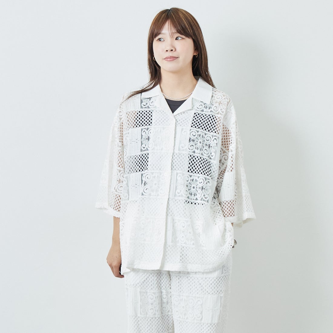 Jeans Factory Clothes [ジーンズファクトリークローズ] カットレース7分袖シャツ [L4114] 100 WHITE &&モデル身長：167cm 着用サイズ：F&&