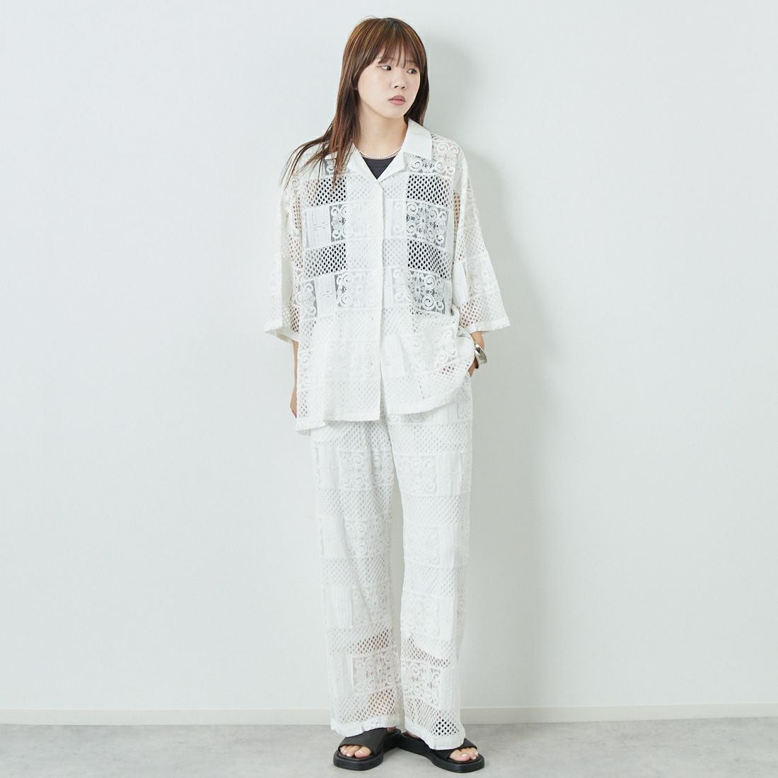 Jeans Factory Clothes [ジーンズファクトリークローズ] カットレース7分袖シャツ [L4114] 100 WHITE &&モデル身長：167cm 着用サイズ：F&&