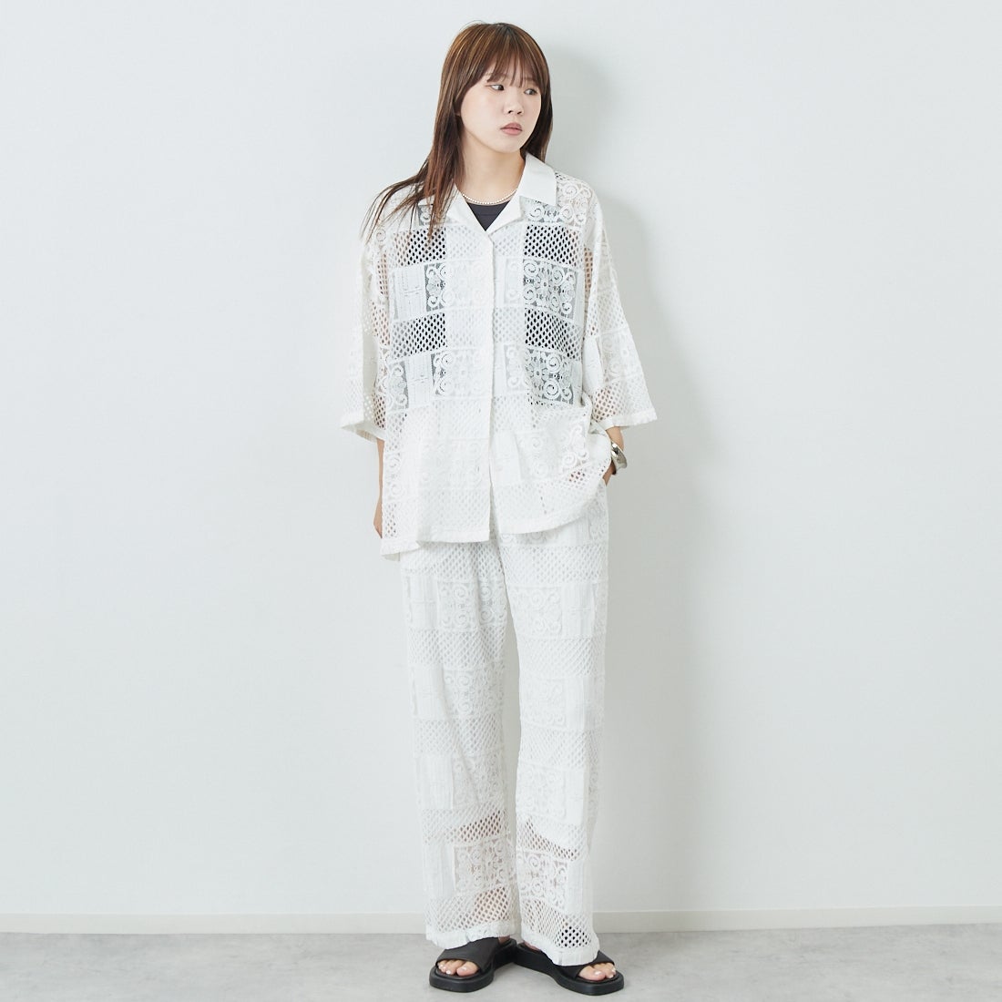 Jeans Factory Clothes [ジーンズファクトリークローズ] カットレース7分袖シャツ [L4114] 100 WHITE &&モデル身長：167cm 着用サイズ：F&&