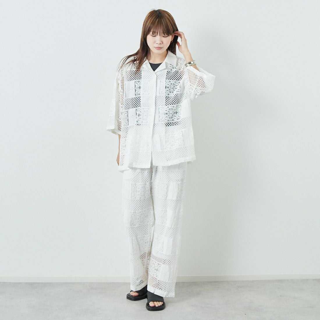 Jeans Factory Clothes [ジーンズファクトリークローズ] カットレース7分袖シャツ [L4114] 100 WHITE &&モデル身長：167cm 着用サイズ：F&&