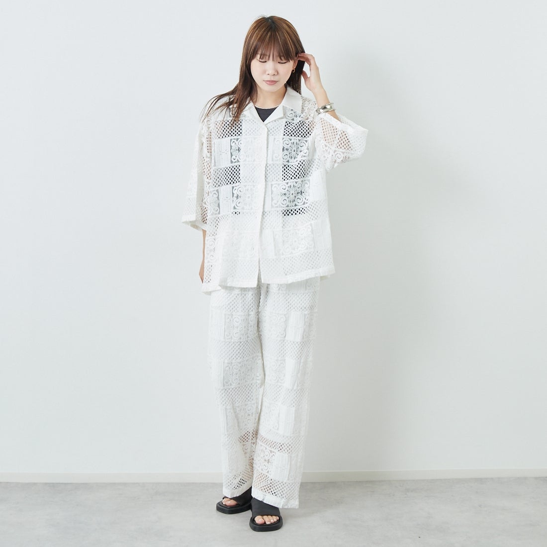 Jeans Factory Clothes [ジーンズファクトリークローズ] カットレース7分袖シャツ [L4114] 100 WHITE &&モデル身長：167cm 着用サイズ：F&&