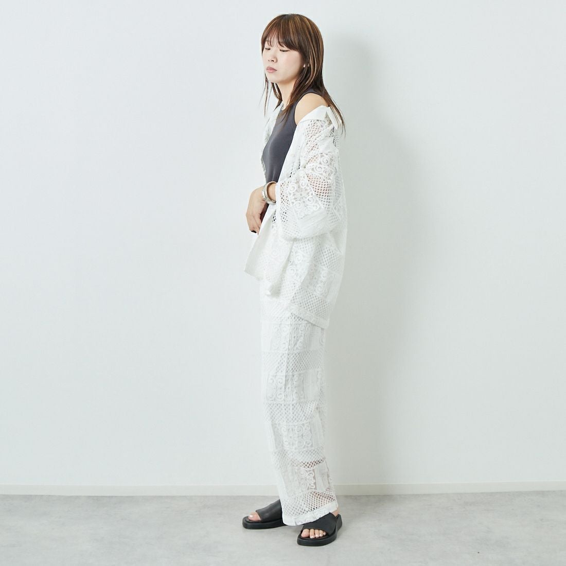 Jeans Factory Clothes [ジーンズファクトリークローズ] カットレース7分袖シャツ [L4114] 100 WHITE &&モデル身長：167cm 着用サイズ：F&&