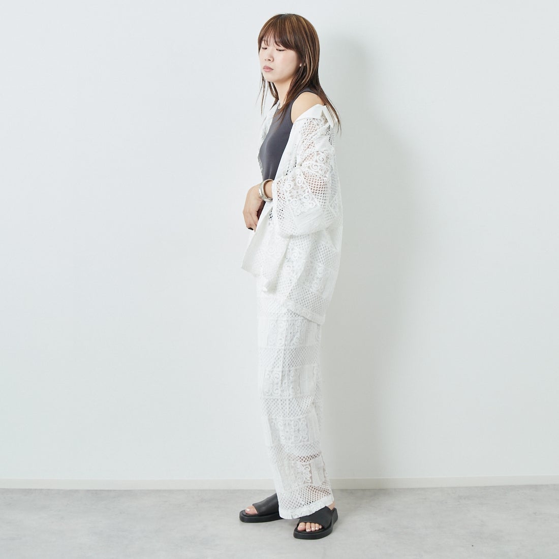 Jeans Factory Clothes [ジーンズファクトリークローズ] カットレース7分袖シャツ [L4114] 100 WHITE &&モデル身長：167cm 着用サイズ：F&&