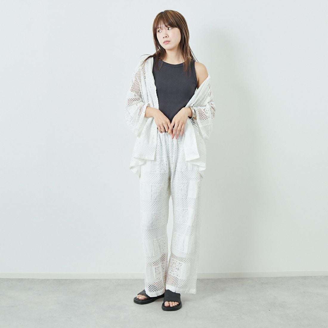 Jeans Factory Clothes [ジーンズファクトリークローズ] カットレース7分袖シャツ [L4114] 100 WHITE &&モデル身長：167cm 着用サイズ：F&&