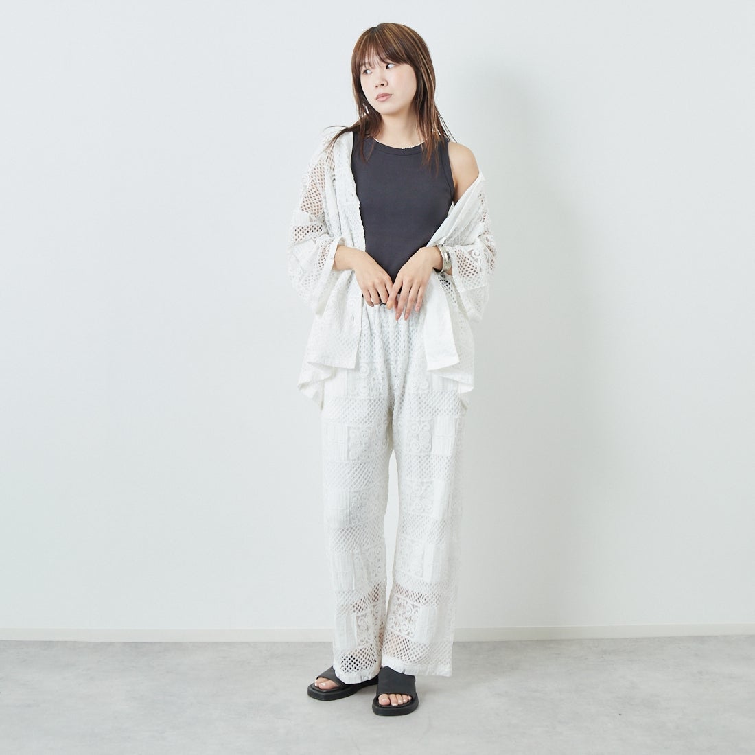 Jeans Factory Clothes [ジーンズファクトリークローズ] カットレース7分袖シャツ [L4114] 100 WHITE &&モデル身長：167cm 着用サイズ：F&&