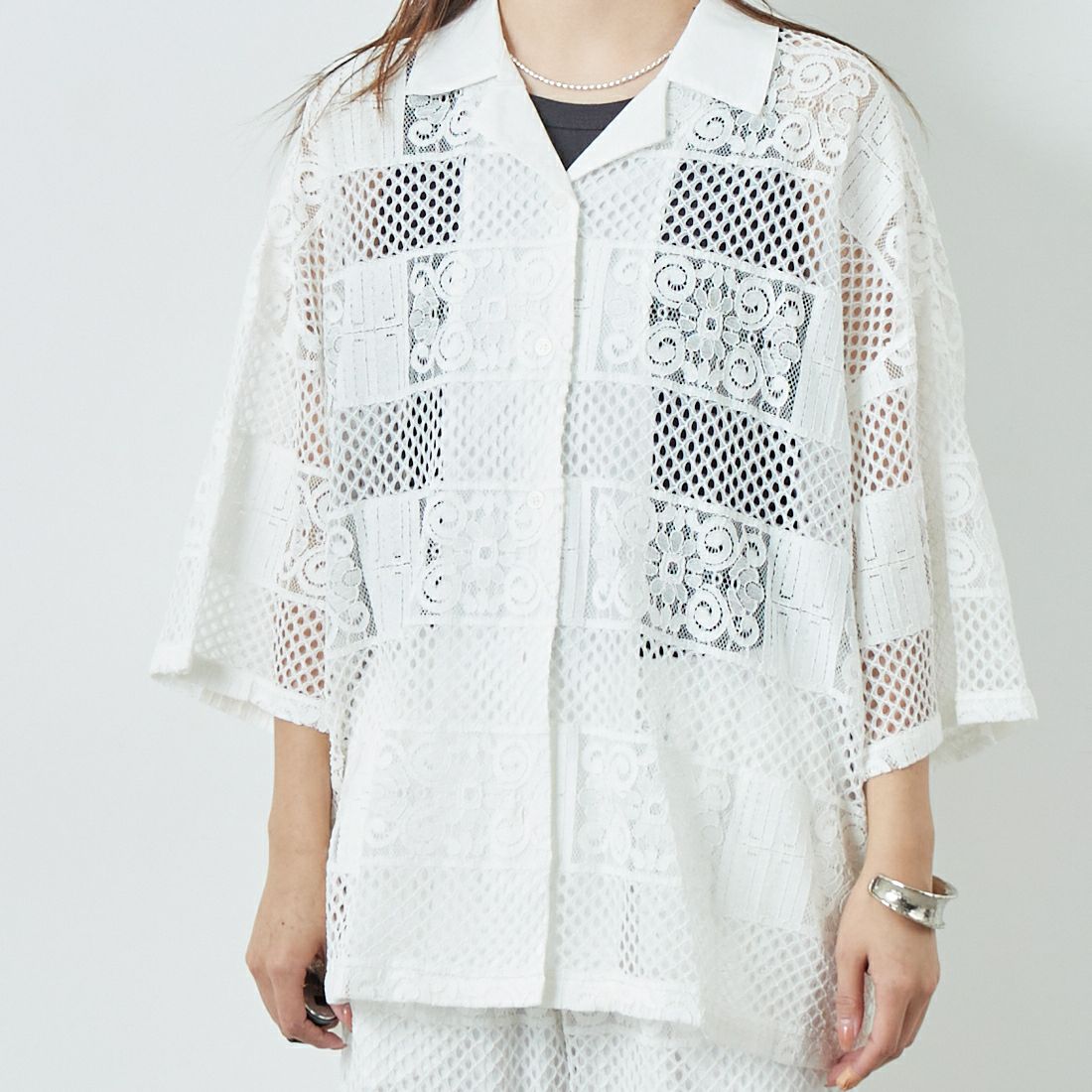 Jeans Factory Clothes [ジーンズファクトリークローズ] カットレース7分袖シャツ [L4114] 100 WHITE &&モデル身長：167cm 着用サイズ：F&&