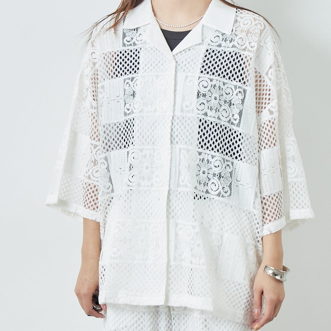 Jeans Factory Clothes [ジーンズファクトリークローズ] カットレース7分袖シャツ [L4114] 100 WHITE &&モデル身長：167cm 着用サイズ：F&&
