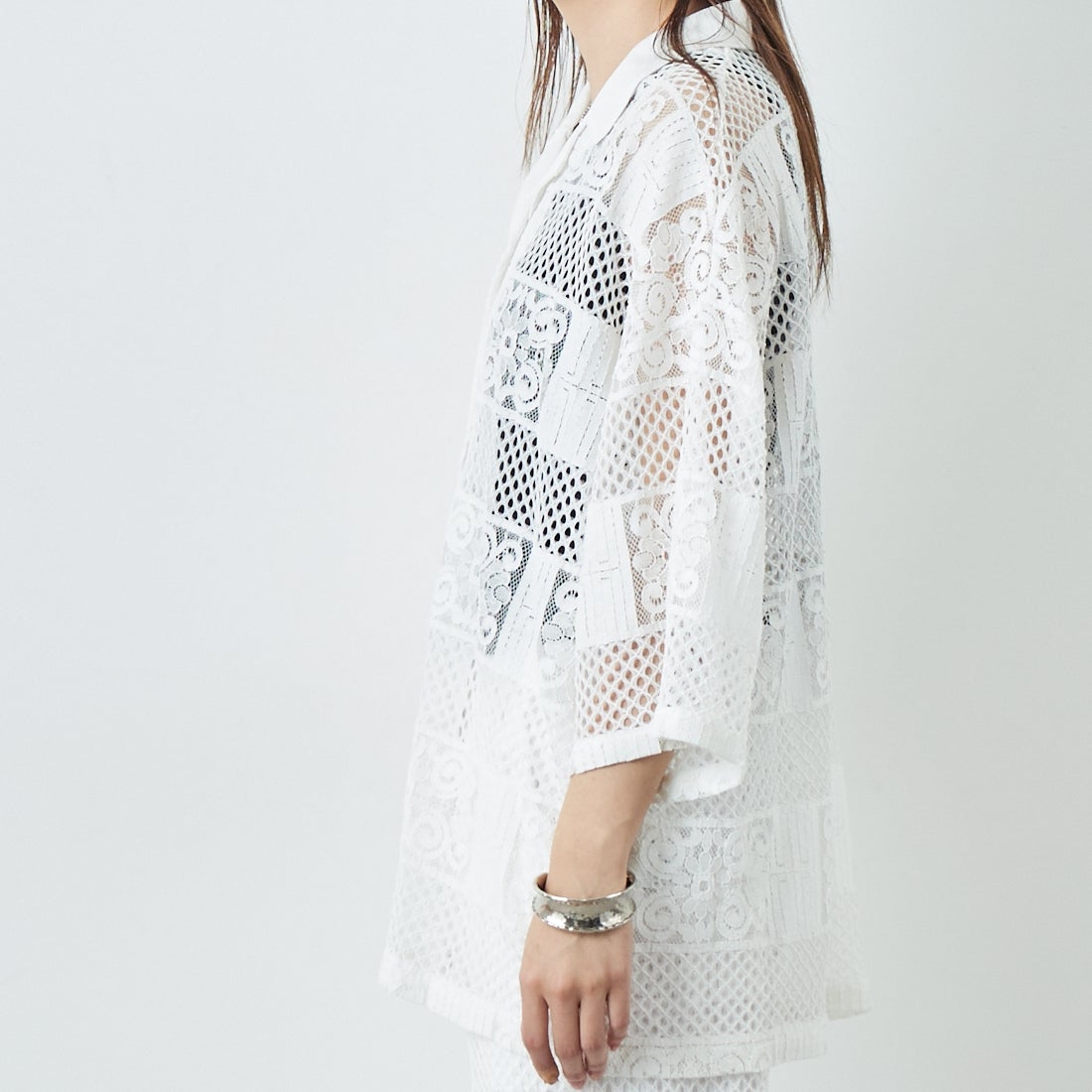 Jeans Factory Clothes [ジーンズファクトリークローズ] カットレース7分袖シャツ [L4114] 100 WHITE &&モデル身長：167cm 着用サイズ：F&&