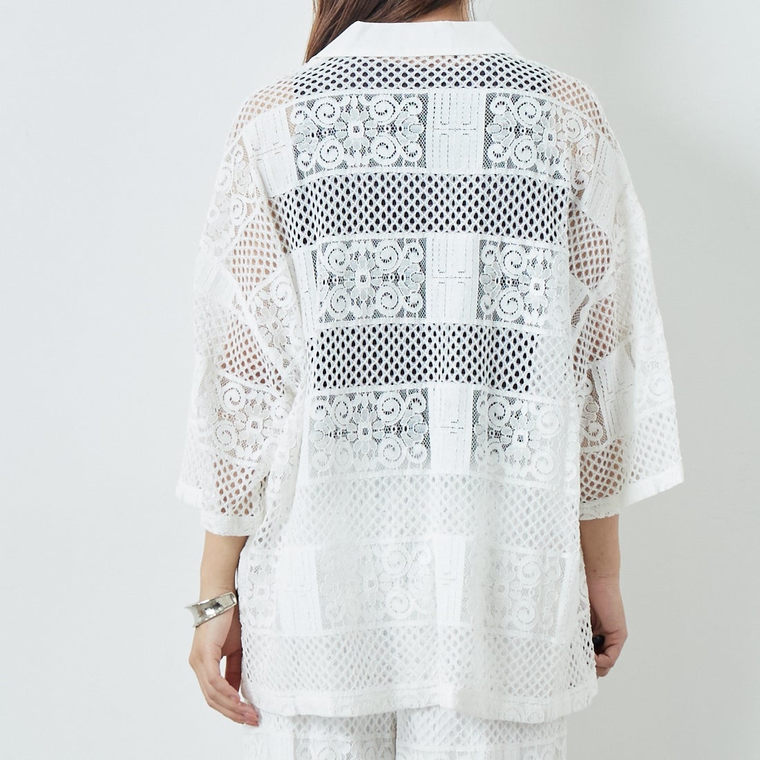 Jeans Factory Clothes [ジーンズファクトリークローズ] カットレース7分袖シャツ [L4114] 100 WHITE &&モデル身長：167cm 着用サイズ：F&&