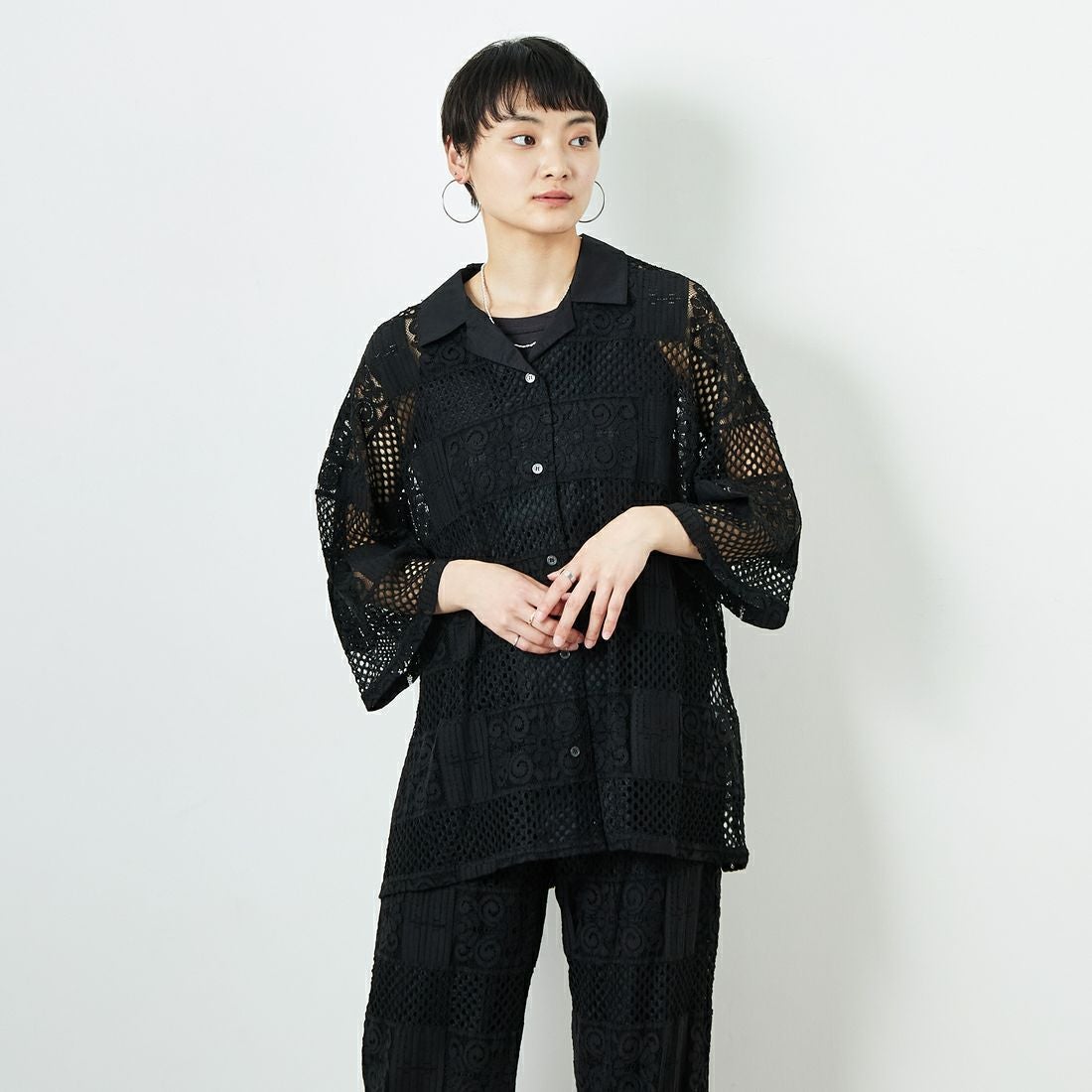 Jeans Factory Clothes [ジーンズファクトリークローズ] カットレース7分袖シャツ [L4114] 190 BLACK &&モデル身長：160cm 着用サイズ：F&&