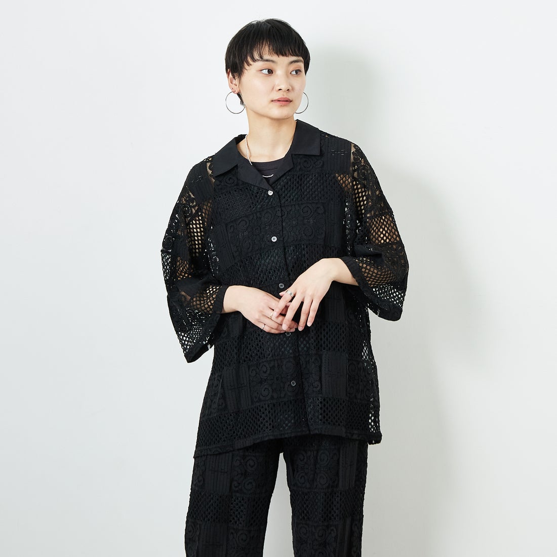 Jeans Factory Clothes [ジーンズファクトリークローズ] カットレース7分袖シャツ [L4114] 190 BLACK &&モデル身長：160cm 着用サイズ：F&&