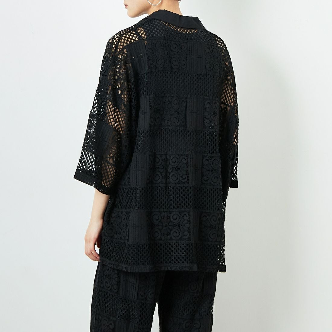 Jeans Factory Clothes [ジーンズファクトリークローズ] カットレース7分袖シャツ [L4114] 190 BLACK &&モデル身長：160cm 着用サイズ：F&&