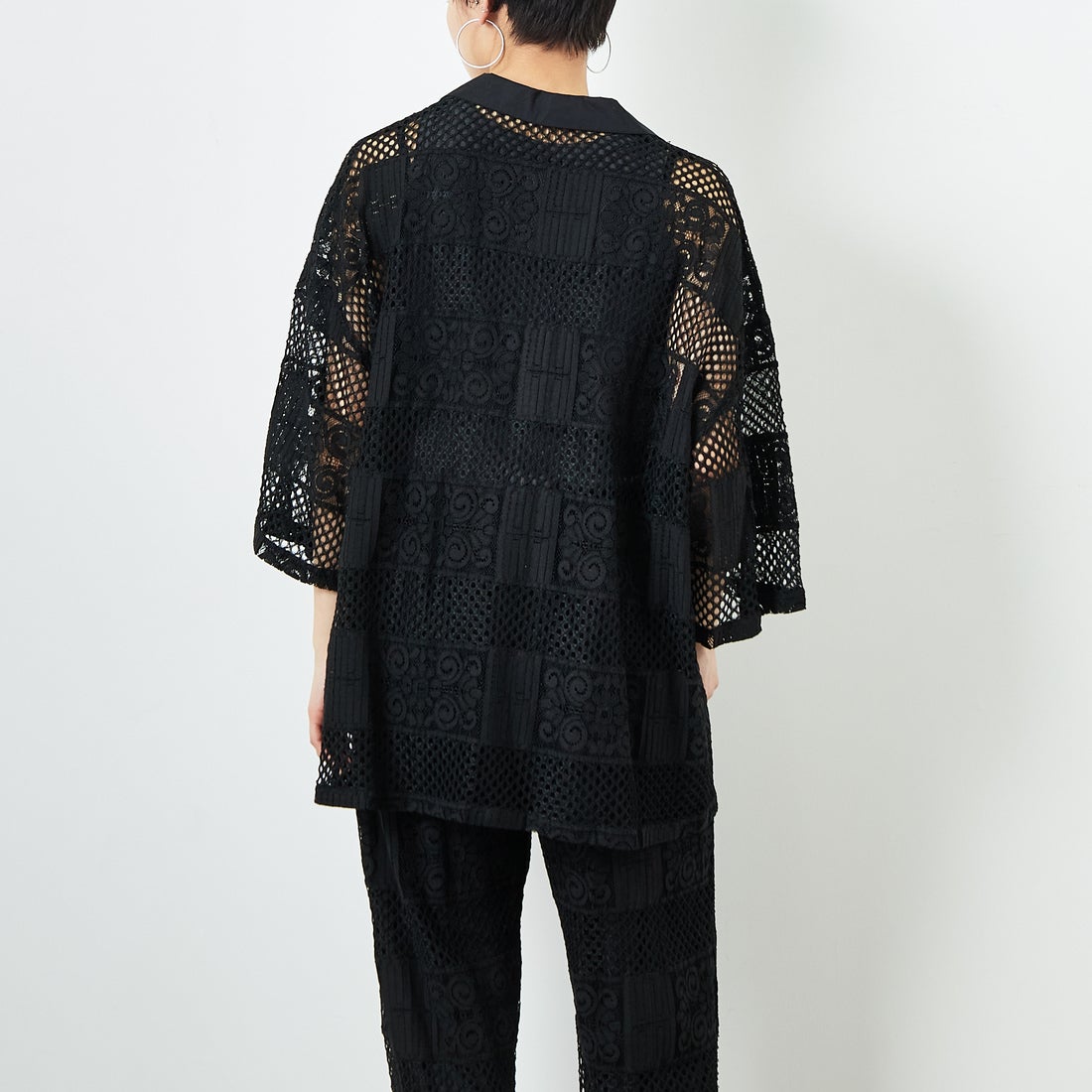 Jeans Factory Clothes [ジーンズファクトリークローズ] カットレース7分袖シャツ [L4114] 190 BLACK &&モデル身長：160cm 着用サイズ：F&&