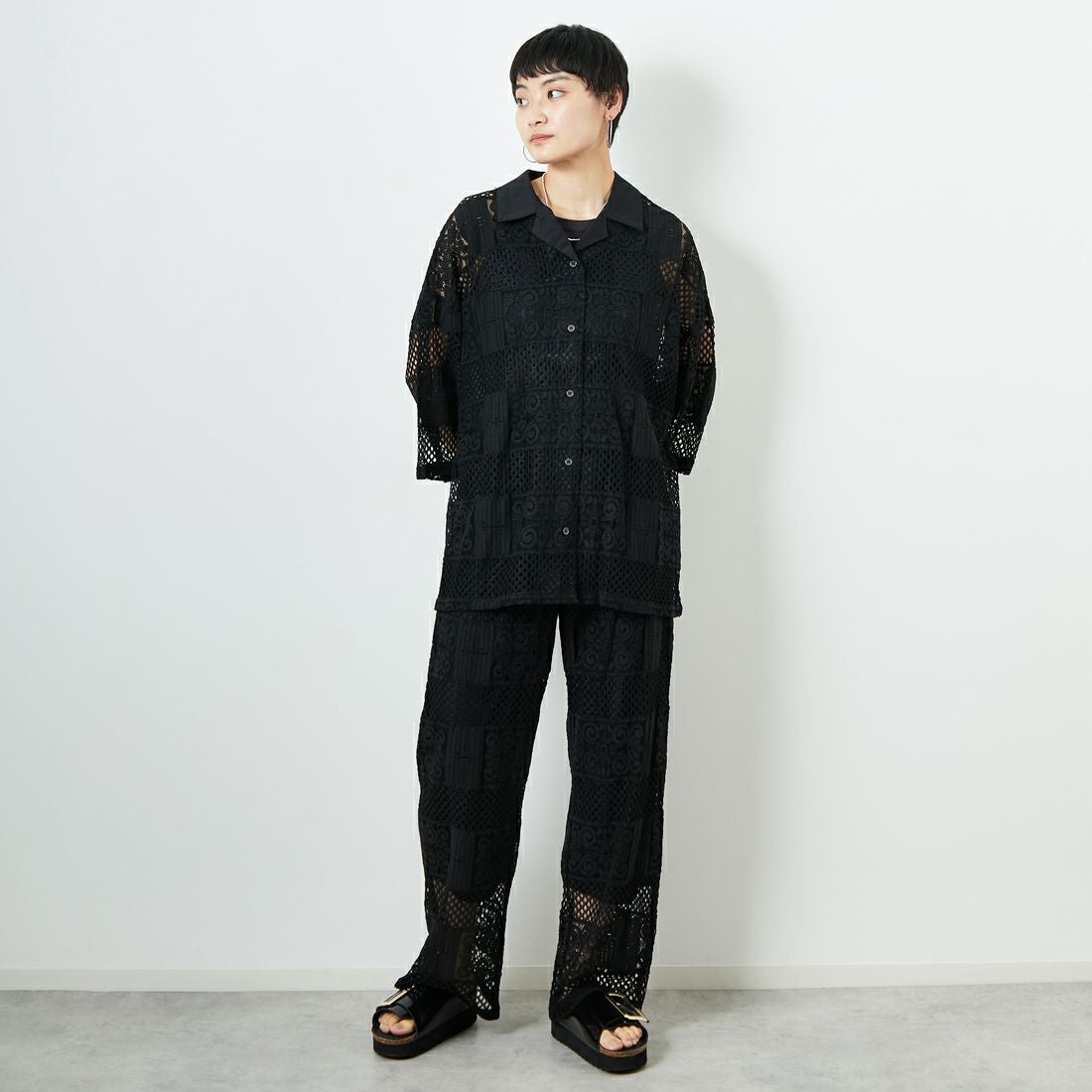 Jeans Factory Clothes [ジーンズファクトリークローズ] カットレース7分袖シャツ [L4114] 190 BLACK &&モデル身長：160cm 着用サイズ：F&&