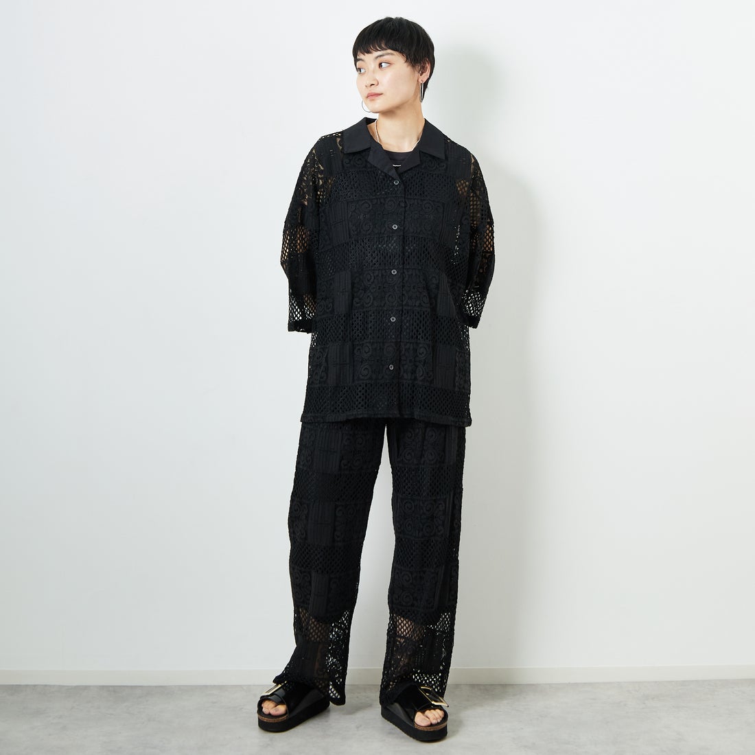 Jeans Factory Clothes [ジーンズファクトリークローズ] カットレース7分袖シャツ [L4114] 190 BLACK &&モデル身長：160cm 着用サイズ：F&&