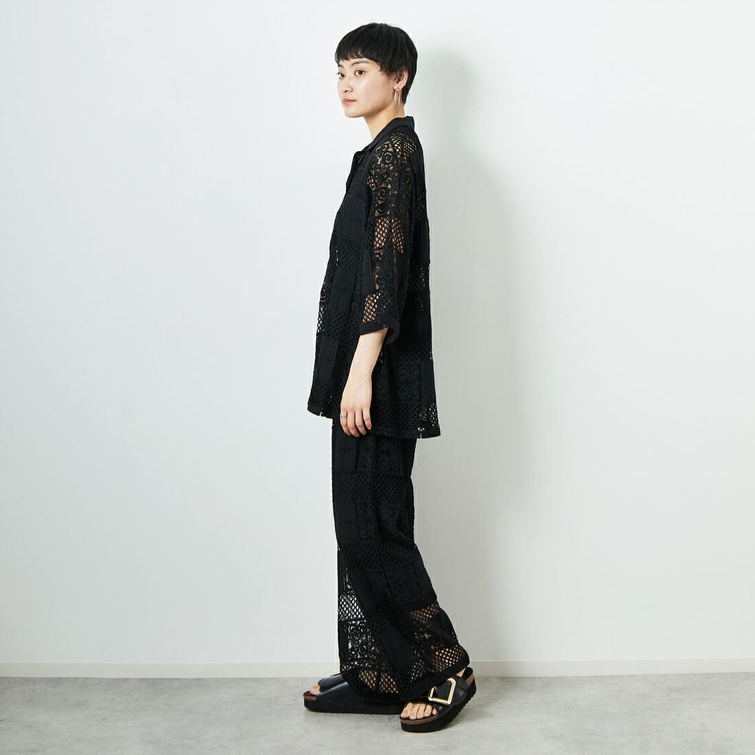 Jeans Factory Clothes [ジーンズファクトリークローズ] カットレース7分袖シャツ [L4114] 190 BLACK &&モデル身長：160cm 着用サイズ：F&&