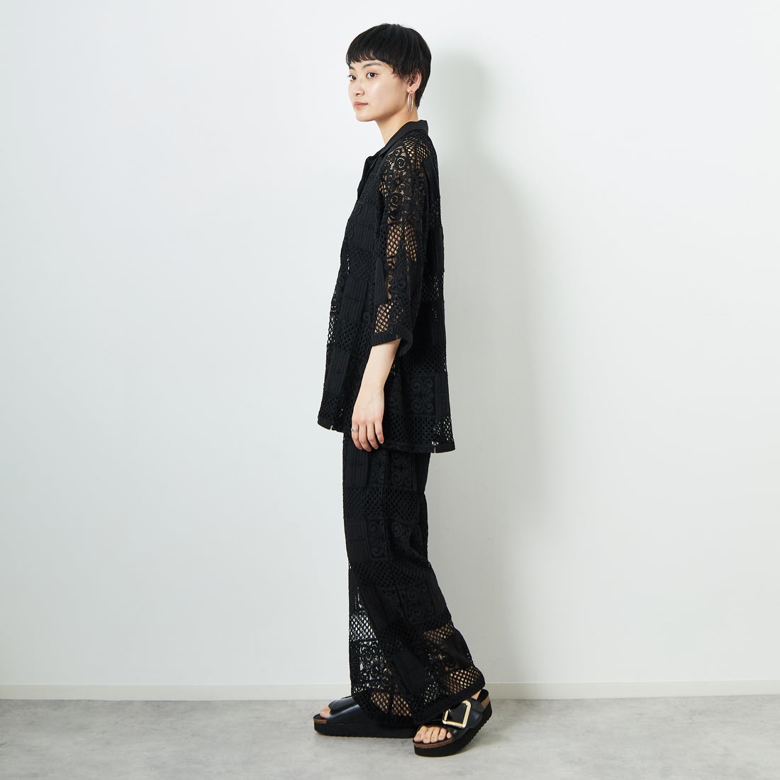 Jeans Factory Clothes [ジーンズファクトリークローズ] カットレース7分袖シャツ [L4114] 190 BLACK &&モデル身長：160cm 着用サイズ：F&&