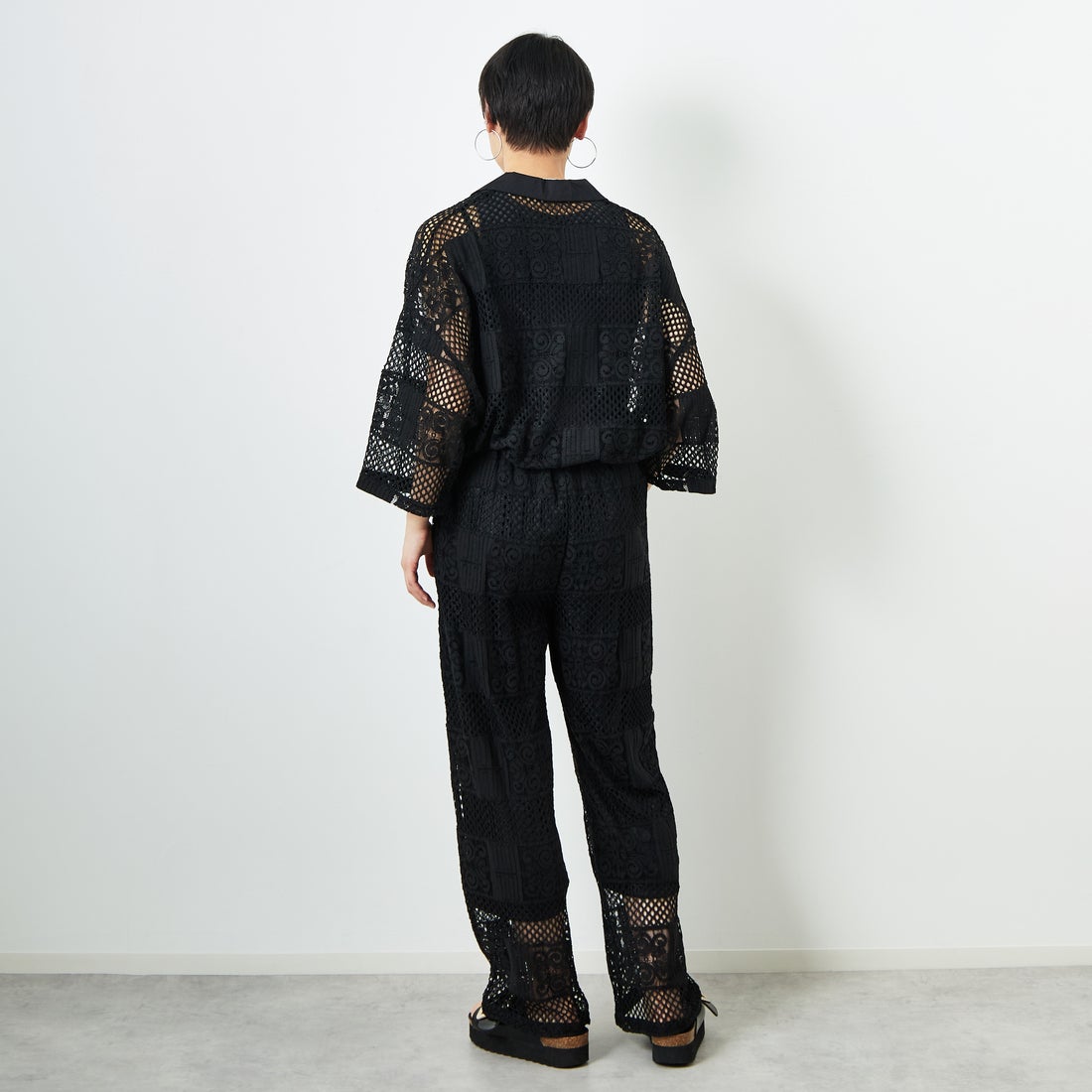 Jeans Factory Clothes [ジーンズファクトリークローズ] カットレース7分袖シャツ [L4114] 190 BLACK &&モデル身長：160cm 着用サイズ：F&&